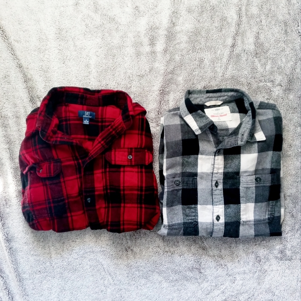 Two men's thick plaid shirts